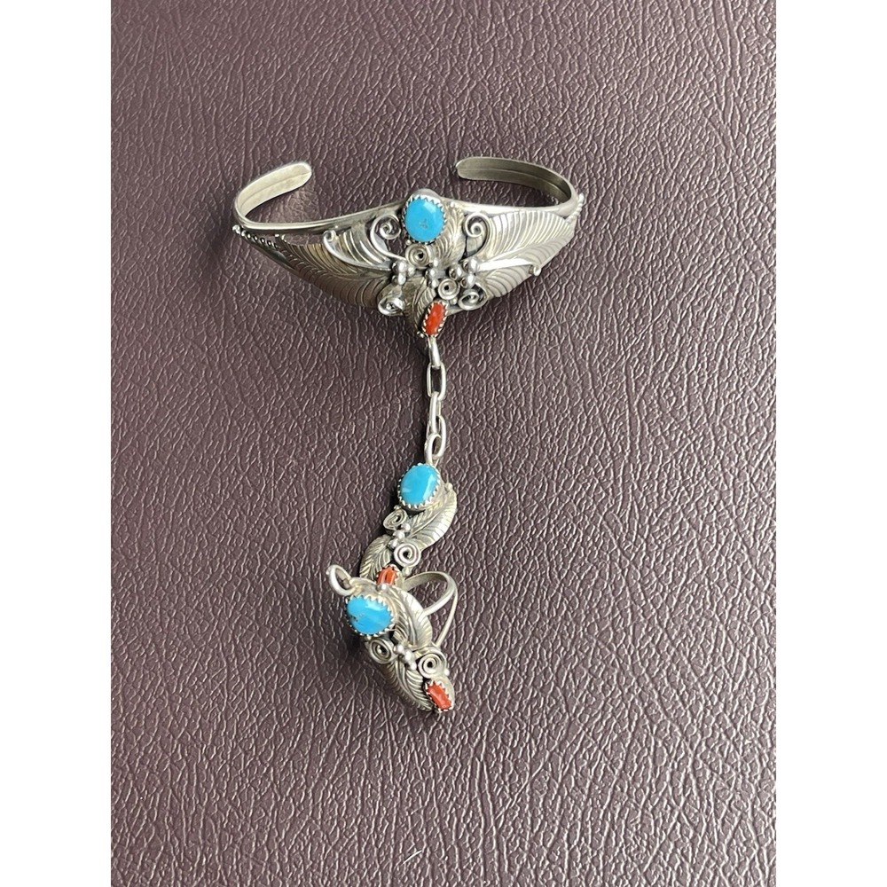 Vintage Navajo NN Sterling Turquoise Coral Hand Bracelet Ring Set